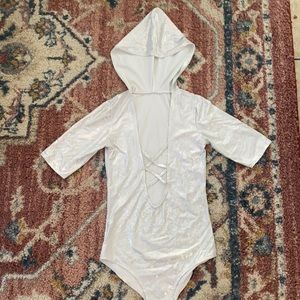 Holographic shiny festival rave body suit hood